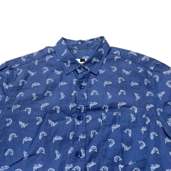 Topman Mens Button Up Shirt Medium Blue Fish Marlin Allover Print Cotton S/S - Picture 2 of 6